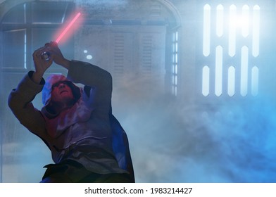 a man holds a laser lightsaber in his hands render 3d illustration