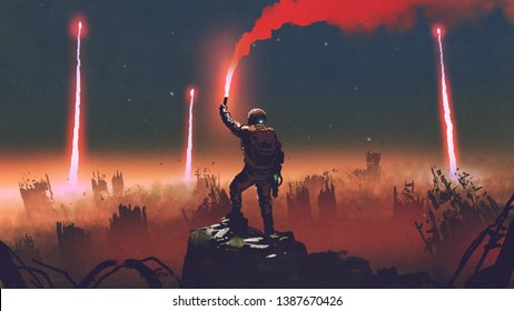 man holds a red smoke flare up in the air and standing against the apocalypse world, digital art style, illustration painting