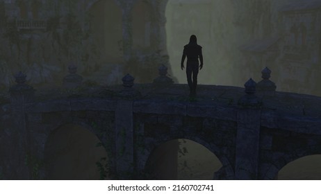 Man In Hoodie Stands On A Bridge Of An Ancient Misty Castle. High Angle View. 3D Render.