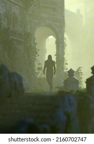 Man In Hoodie Walks At An Ancient Misty Castle Overgrown With Ivy. 3D Render.