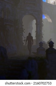 Man In Hoodie Walks At An Ancient Misty Castle Overgrown With Ivy. 3D Render.