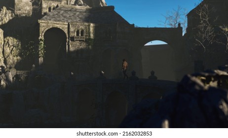 Man In Hoodie Walks On A Bridge Of An Ancient Misty Castle Overgrown With Ivy. 3D Render.