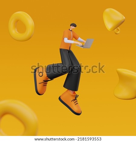 A man hovering, looking and clicking on a laptop on an orange background with 3d objects. 3d rendering