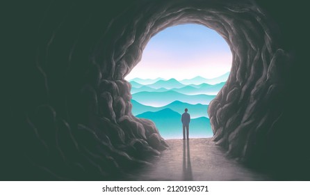 a man with human head cave to the mountain, idea concept of thinking  hope freedom and mind , surreal artwork, dream art , fantasy landscape, imagination spiritual of nature