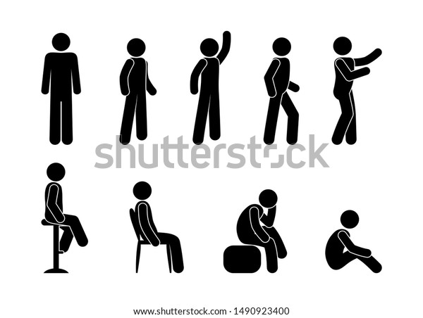 男性のアイコン 絵文字セット 人々が座っている 人々が様々なポーズで立っている 棒の形をした文字 のイラスト素材