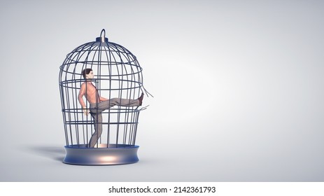 Man Inside A Bird Cage Breaks The Bars. Escape And Mindset Change Concept. This Is A 3d Render Illustration