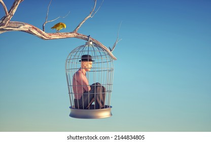 Man Inside A Bird Cage In A Tree. Behavior Change And Future Choices Concept.. This Is A 3d Render Illustration