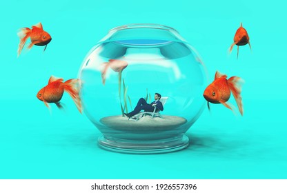 Man Inside A Fish Bowl And Golden Fish Arround . Job Recruit Concept This Is A 3d Render Illustration. 