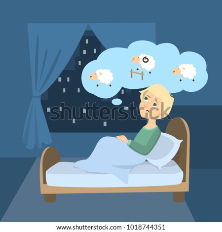 Man with insomnia. Trying to count sheep in dark room.