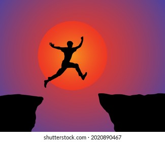 man jumping from one rock to another . silhouette flat sunset illustration . - Powered by Shutterstock