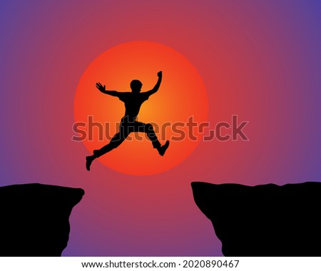 man jumping from one rock to another . silhouette flat sunset illustration .