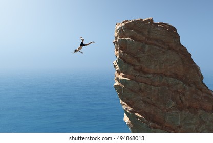 Man jumps into the ocean from a cliff. This is a 3d render illustration