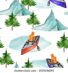 Man In A Kayak On The Lake Against The Background Of Mountains And Christmas Trees Watercolor Seamless Pattern. Template For Decorating Designs And Illustrations.