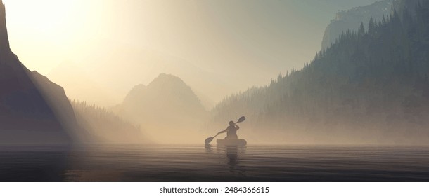 Man kayaking on lake during sunrise on foggy morning. This is a 3d render illustration. - Powered by Shutterstock