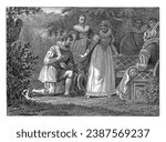 Man kneeling with a woman at a garden bench, Philippus Velijn, after Jacob Smies, 1811 A man kneels before a woman with a group around a bench in a garden.