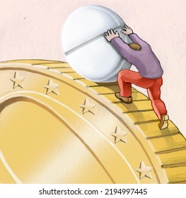 A Man Laboriously Pushes A Pill Up The Edge Of A Coin Healthcare Concept Made For Huge Profits At The Expense Of People