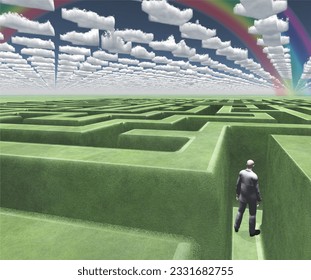 Man in labyrinth. Clouds in shape of pointers. 3D rendering