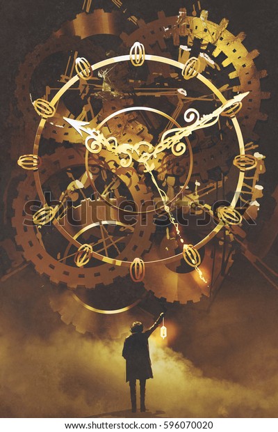 大きな金色の時計の前に提灯を持つ男性 イラトス絵 のイラスト素材