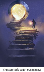 Man With A Lantern Walking On Stone Staircase Leading Up To Fantasy Gate,illustration Painting