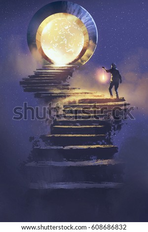 man with a lantern walking on stone staircase leading up to fantasy gate,illustration painting
