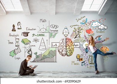 Man with laptop and cheerful young woman in bright concrete interior with brain sketch on wall. Creative and analytical thinking concept. 3D Rendering 