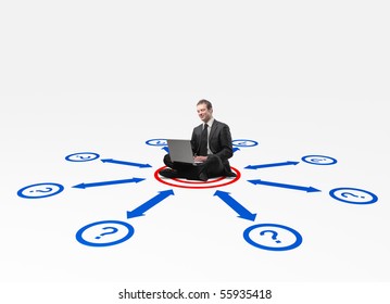 man with laptop sit on 3d connection draw