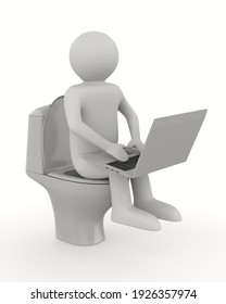 man with laptop and toilet bowl on white background. Isolated 3D illustration