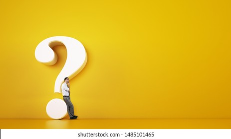 Man Leaning On A Big White Question Mark On A Yellow Background. 3D Rendering