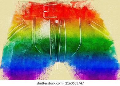 Man Leather Pants With Rainbow Colors For Gay Pride In Watercolor Style