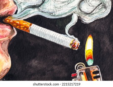 Man lights a cigarette. Tobacco smoke causes cancer. Lighter with flame. Watercolor painting. Acrylic drawing art. A piece of art. - Powered by Shutterstock