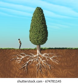 A Man Look Up A Big Tree In Two Layers , With Roots Underground. This Is A 3d Render Illustration