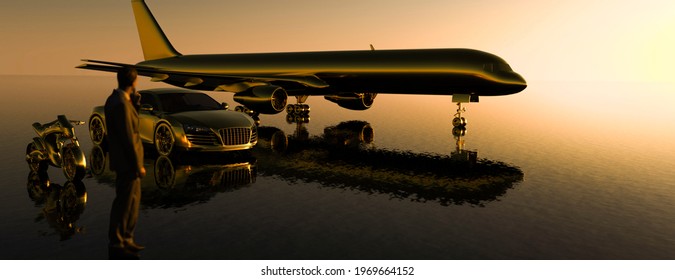 Man Looking At A Golden Motorbike, Sports Car And Private Plane Concept 3d Render