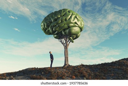 Man looking up to a human brain tree . Mental illness and knowledge concept . This is a 3d render illustration . 