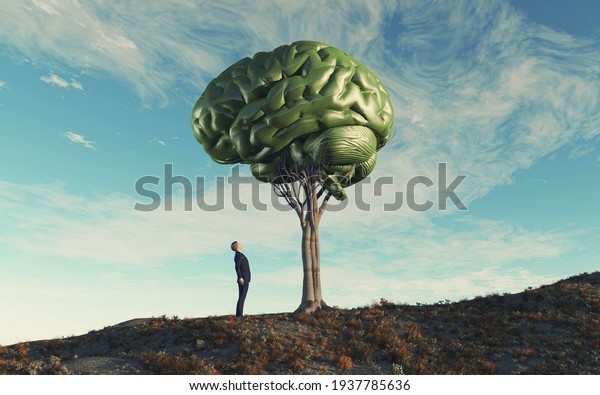 Man looking\
up to a human brain tree . Mental illness and knowledge concept .\
This is a 3d render illustration .\
