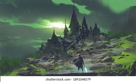 man looking at the mysterious abandoned castle with a green sky in the background, digital art style, illustration painting