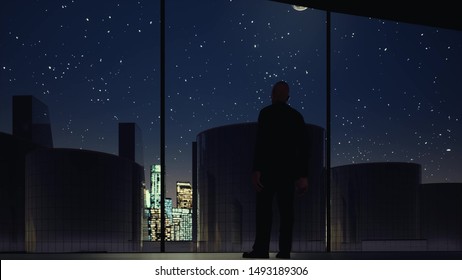 Man Looking In Office Window At Night 3d Render. Businessman In Suit Silhouette. Boss Contemplating Next Big Business Deal Animation. Person In Penthouse. Modern City Buildings And Starry Sky