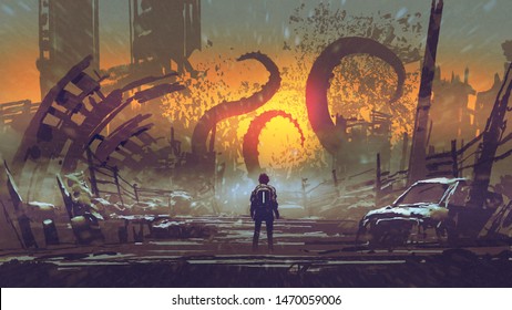 man looking at a tentacle monster that destroys the city, digital art style, illustration painting