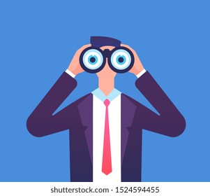 Man Looking Through Binoculars. We Are Hiring, Recruiting And Business Seeing Concept