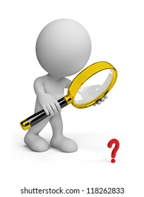 Man looking through a magnifying glass on the object. 3d image. Isolated white background.