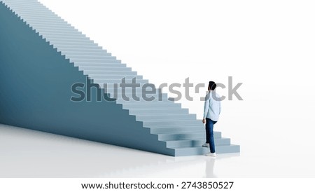 Man looking up while stepping on the first step of a long staircase representing the start of a career journey, 3d render