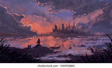 A man looks into the distance, in front of him is a sea bay, a ruined city and a sunset. 2D illustration