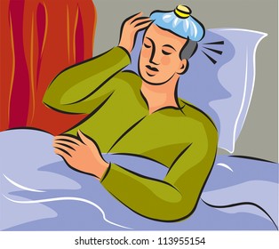 A man lying in bed with eyes closed, curtains drawn and cold compress on head - Powered by Shutterstock