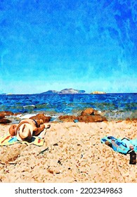 A Man Lying Down To Rest On The Beach By The Sea.