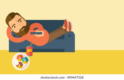 A man lying in the sofa holding a remote with three donuts and soda on the floor. Relaxing concept. A Contemporary style with pastel palette, soft beige tinted background.  flat design illustration