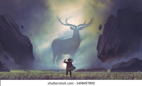 l'homme avec une lanterne magique face au cerf géant dans une vallée mystérieuse, style art numérique, illustration