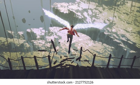 A man with magical wings jumping from a wooden bridge flying into the sky below, digital art style, illustration painting