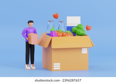 Man Making Food Donation Box 3D Illustration. donating food to fight hunger. Volunteering and Charity - Powered by Shutterstock