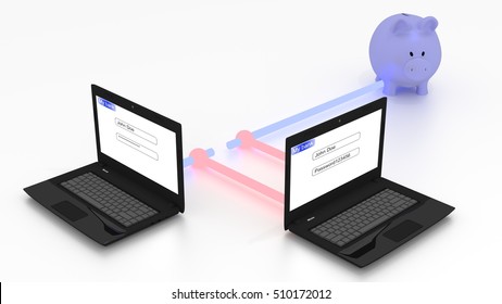 Man In The Middle Attack Concept With A Hacker Intercepting A Bank Transfer 3D Illustration