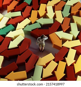 Man in the middle of many arrows . Difficult choice and journey concept . This is a 3d render illustration .