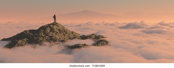 The man up the mountain above the clouds. This is a 3d render illustration